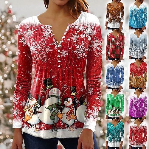 

Women's Blouse Shirt Maroon Wine Red Green Plaid Deer Button Print Long Sleeve Casual Holiday Christmas Round Neck Regular S