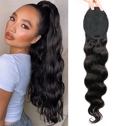 

16inch Body Wave Human Hair Drawstring Ponytail Extension 10A Brazilian Virgin Hair Ponytail with Clip in Binding Pony Tail Natural Black Body Wave Ponytail Hairpiece For Black Women