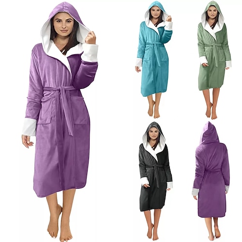 

Women's Robes Gown Pure Color Comfort Home Daily Bed Coral Fleece Coral Velvet Warm Gift Hoodie Long Robe Robe Top Belt Included Hoodie Winter Fall Purple Light Green