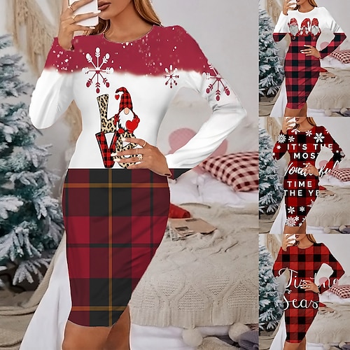 

Women's Christmas Casual Dress Print Dress Wine Light Red Red Gray White Long Sleeve Elk Tree Snowflake Print Winter Autumn Crew Neck Fashion Casual Fall Dress 2022 S M L XL 2XL 3XL 4XL 5XL 6XL