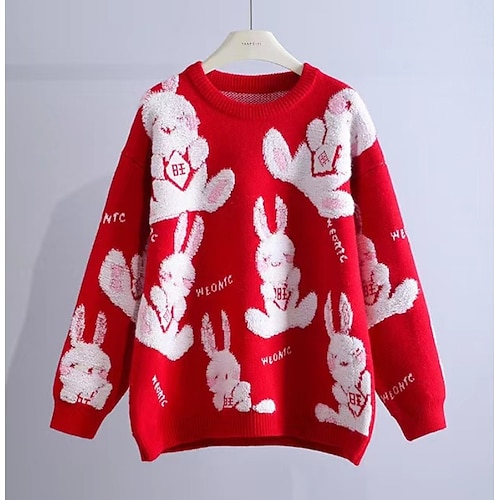 

Women's Pullover Sweater Jumper Jumper Crochet Knit Cropped Knitted Snowflake Crew Neck Casual Home Work Winter Fall Black Red One-Size