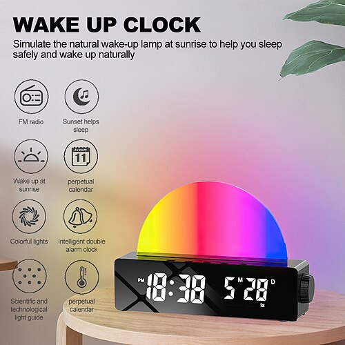 

LED Digital Simulated Sunrise Alarm Clock Wake Up Light with FM Radio 10 Color Sleep Bedside Lamp Suitable for Kids and Heavy Sleepers