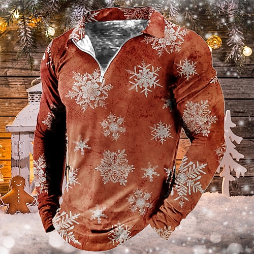 

Men's Collar Polo Shirt Golf Shirt Snowflake Turndown Green Orange Gray 3D Print Christmas Street Long Sleeve Zipper Print Clothing Apparel Fashion Designer Casual Breathable