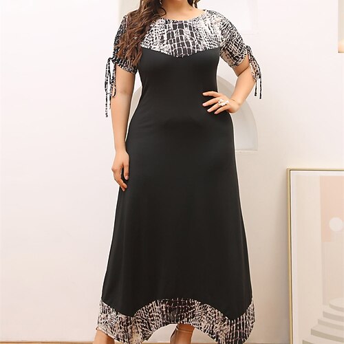 

Women's Plus Size Sheath Dress Color Block Crew Neck Short Sleeve Winter Fall Casual Maxi long Dress Daily Holiday Dress / Black Dress