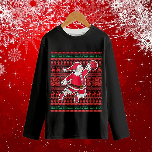 

Kids Boys Christmas T shirt Tee Letter Santa Claus Dinosaur Long Sleeve Crewneck Children Top Casual Cool Daily Winter Fall Green 7-13 Years