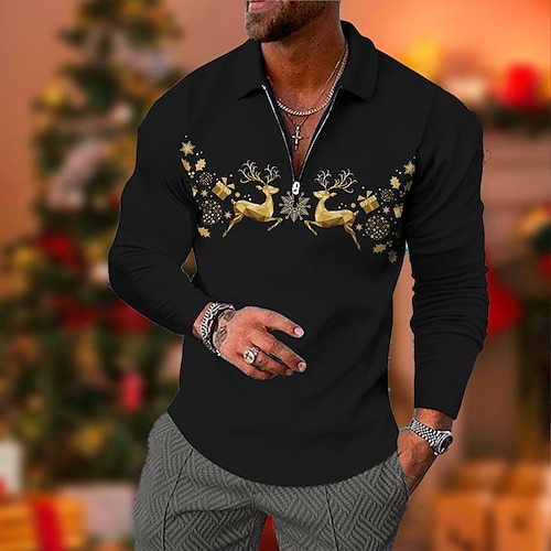 

Men's Collar Polo Shirt Golf Shirt Animal Elk Turndown Black 3D Print Outdoor Christmas Long Sleeve Zipper Print Clothing Apparel Fashion Designer Casual Breathable