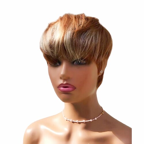 

Remy Human Hair Wig Short Straight Pixie Cut Neat Bang With Bangs Multi-color Cool Designers Natural Hairline Capless Brazilian Hair Women's Medium Auburn / Bleach Blonde 4 inch Christmas Gifts Daily
