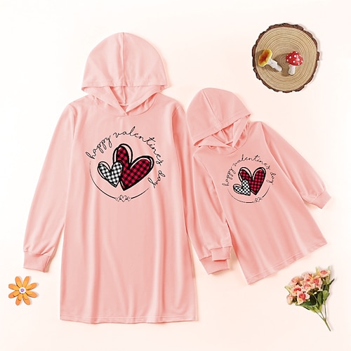 

Mommy and Me Valentines Dresses Plaid Heart Letter Outdoor Pink Long Sleeve Above Knee Daily Matching Outfits