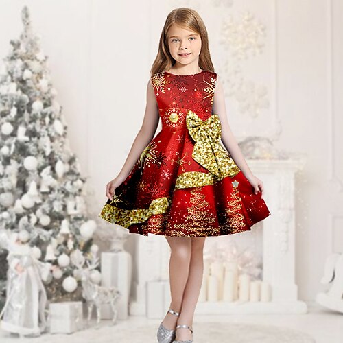 

Kids Girls' Christmas Dress Christmas Tree Swing Dress Knee-length Dress Christmas Gifts Ruffle Crew Neck Sleeveless Elegant Dress 2-13 Years Winter Wine Red