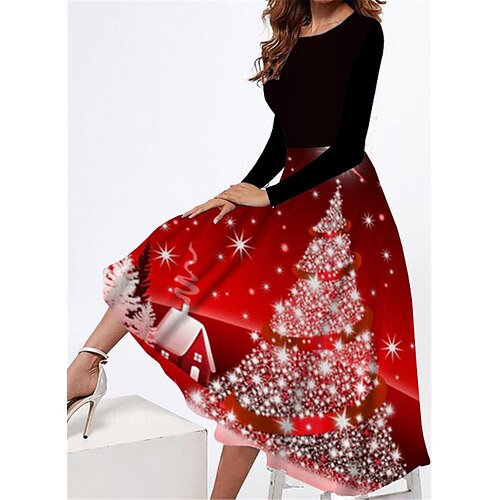 

Women's Casual Dress Swing Dress Midi Dress Wine Long Sleeve Christmas Tree Pocket Winter Fall Autumn Round Neck Fashion Christmas Daily Weekend 2022 S M L XL XXL 3XL