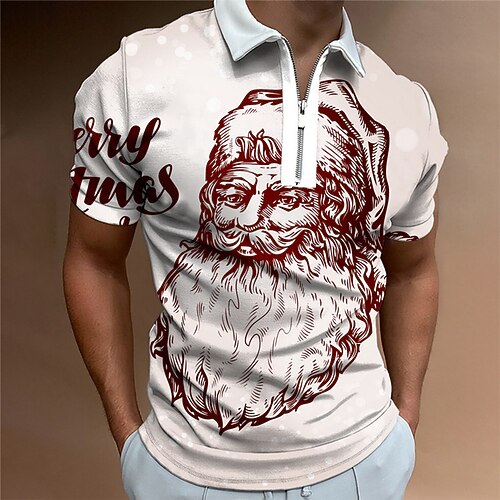

Men's Collar Polo Shirt Golf Shirt Letter Santa Claus Graphic Prints Turndown Beige 3D Print Christmas Street Short Sleeves Zipper Print Clothing Apparel Fashion Designer Casual Breathable