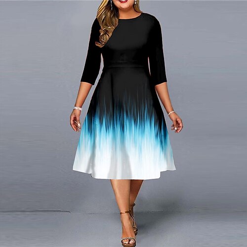 

Women's Plus Size Work Dress Color Gradient Crew Neck 3/4 Length Sleeve Winter Fall Stylish Work Midi Dress Work Going out Dress