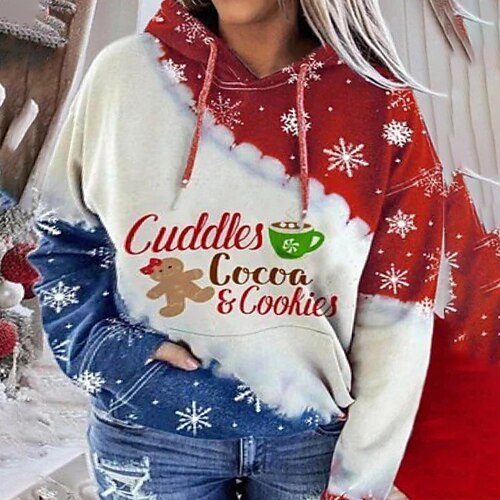 

Women's Plus Size Christmas Tops Hoodie Sweatshirt Letter Snowman Pocket Print Long Sleeve Hooded Basic Casual Holiday Daily Cotton Winter Fall Green Blue