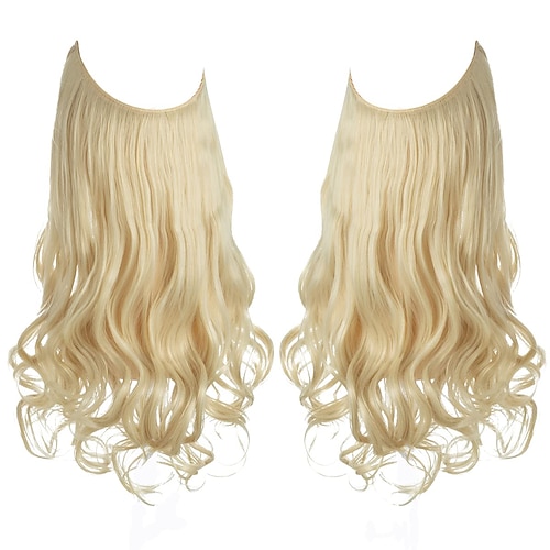 

Invisible Wire Hair Extensions Beach Blonde Wavy Curly Long Synthetic Hairpiece 18 Inch 4.2 Oz Adjustable Transparent Headband for Women Heat Resistant Fiber No Clip