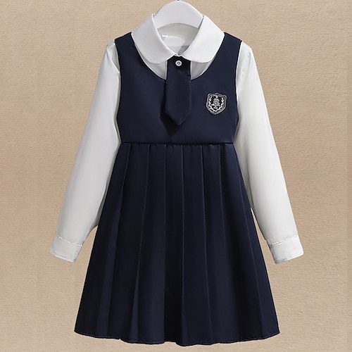 

2 Pieces Kids Girls' Solid Color Ruched Dress Suits Set Long Sleeve Fashion School 7-13 Years Winter Navy Blue