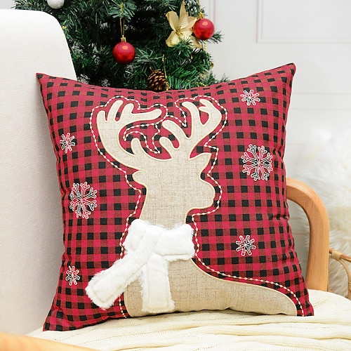 

Christmas Throw Pillow Cover Reindeer Embroidery Plaid Quality Pillow Case for Bedroom Livingroom Deer Cushion Cover