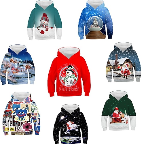 

Kids Boys Ugly Christmas Hoodie Pullover Santa Claus Elk Christmas Tree Long Sleeve Children Top Casual Cotton Hoodie Active Daily Green Blue Purple Winter 3-7 Years