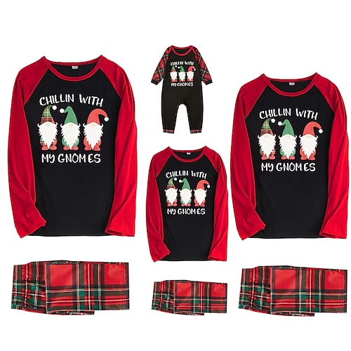 

Christmas Pajamas Family Plaid Letter Santa Claus Home Black Long Sleeve Basic Matching Outfits