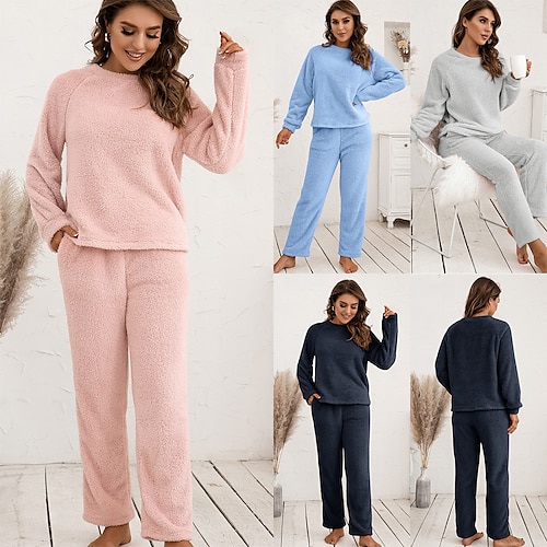 

Women's Shirt Pants Sets Pajamas Basic Black Blue Casual Daily Plain Crew Neck S M L XL