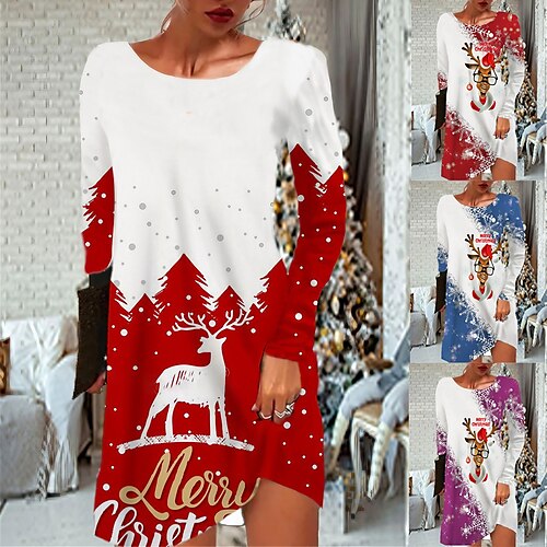 

Women's Christmas Casual Dress T Shirt Dress Tee Dress Mini Dress Blue Purple Light Red Light Blue White Long Sleeve Letter Elk Snowflake Pocket Print Winter Fall Crew Neck Vacation Casual 2022 S M L