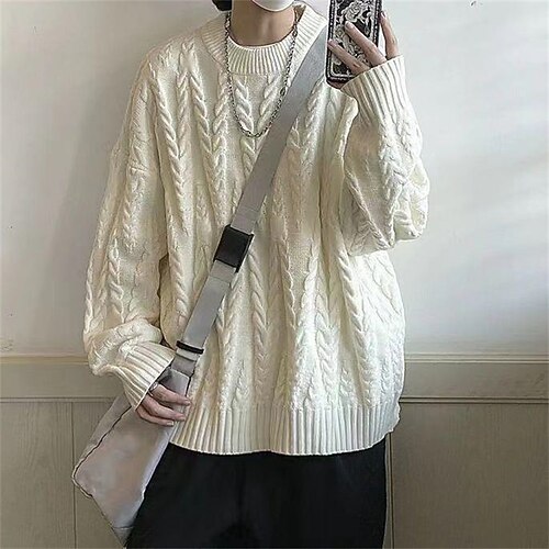 

Men's Pullover Sweater Cable Knit Knitted Pure Color Crewneck Stylish Keep Warm Daily Wear Vacation Clothing Apparel Winter Fall Black Blue S M L