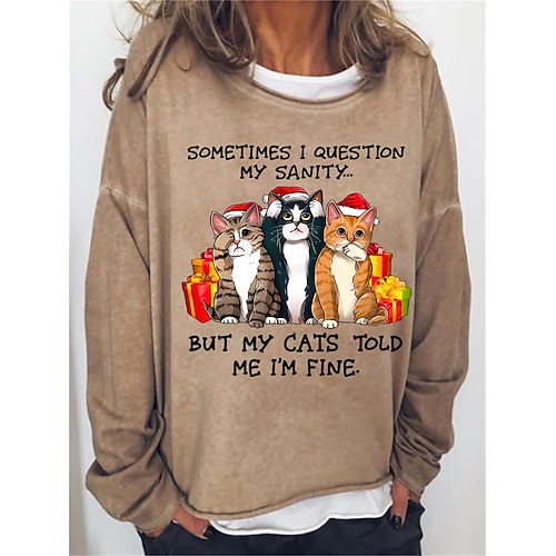 

Women's Sweatshirt Pullover Basic Khaki Red Light Blue Cat Christmas Round Neck Long Sleeve S M L XL 2XL 3XL