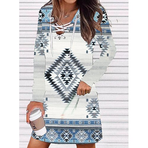 

Women's White Dress Mini Dress White Long Sleeve Graphic Print Winter Fall Spring V Neck Modern Daily 2022 S M L XL 2XL 3XL