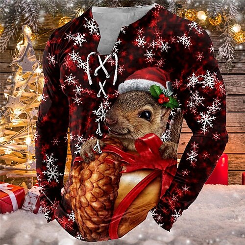 

Men's T shirt Tee Tee Graphic Squirrel Collar Green Blue Red 3D Print Outdoor Christmas Long Sleeve Lace up Print Clothing Apparel Basic Designer Casual Classic