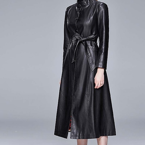 

Women's Faux Leather Jacket Warm Breathable Outdoor Street Vacation Going out Pocket Single Breasted Stand Collar Fashion Comtemporary Comfortable Street Style Solid Color Regular Fit Outerwear Long