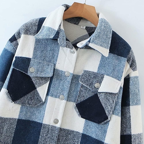 

Womens Plaid Shacket Wool Blend Button Down Long Sleeve Pocketed Oversized Shirt Jacket