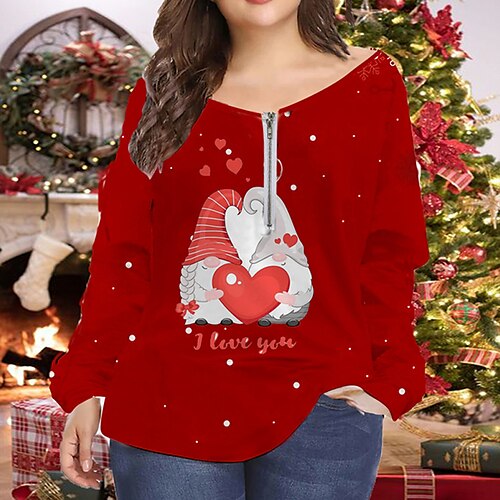 

Women's Plus Size Christmas Tops Blouse Shirt Plaid Letter Zipper Print Long Sleeve V Neck Casual Holiday Daily Polyester Winter Fall Black Dark Red