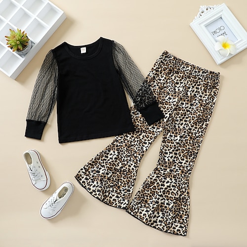 

2 Pieces Toddler Girls' Leopard Pants Suit Set Long Sleeve Active Outdoor 3-7 Years Winter Black