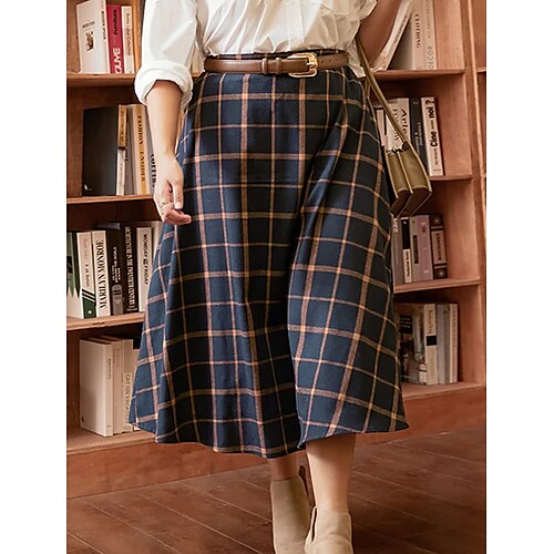 

Women's Plus Size Skirt Plaid Elegant Modern Casual Daily Natural Calf-Length Winter Fall Navy Blue L XL XXL 3XL 4XL