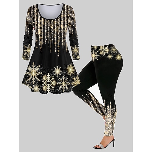 

Women's Plus Size Tops Christmas Set Snowflake Print Long Sleeve Crew Neck Modern Festival Vacation Polyester Winter Fall Black