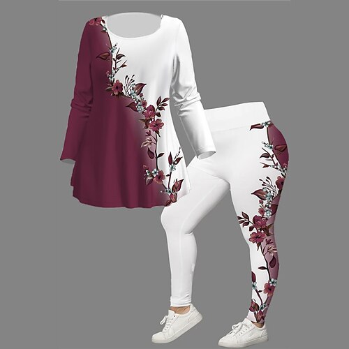 

Hauts pour femmes ensemble fleuri couleur dégradé imprimé manches longues col rond décontracté sorties quotidiennes polyester hiver automne noir rouge