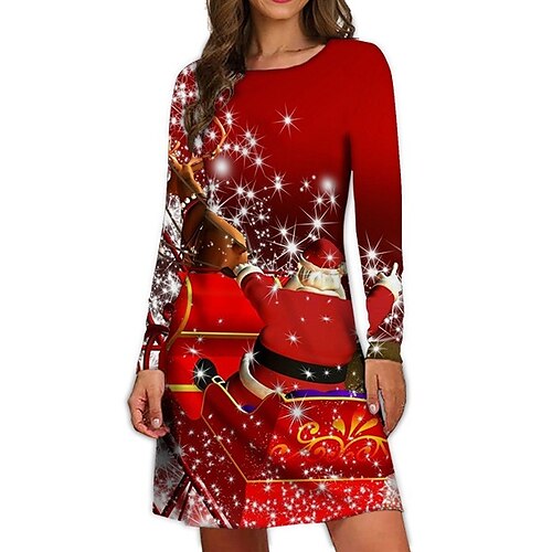 

Women's Casual Dress Sheath Dress Mini Dress Green Wine Red Long Sleeve Santa Claus Print Winter Fall Spring Crew Neck Fashion Christmas Daily Fall Dress 2022 S M L XL 2XL 3XL 4XL 5XL 6XL