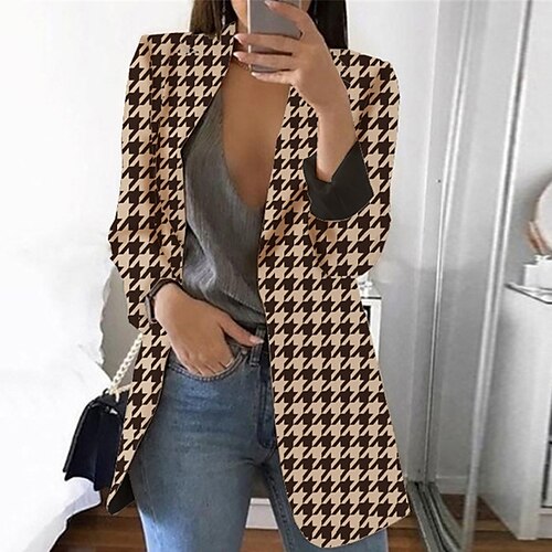 

Women's Blazer Breathable Formal Office Work Wear to work with Pockets Print Double Breasted Turndown Elegant Formal Modern Office / career Houndstooth Regular Fit Outerwear Long Sleeve Winter Fall