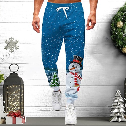 

Men's Christmas Pants Sweatpants Joggers Trousers Drawstring Elastic Waist Graphic Snowman Christmas Outdoor Sports Full Length Casual Daily Designer Casual / Sporty Blue Micro-elastic