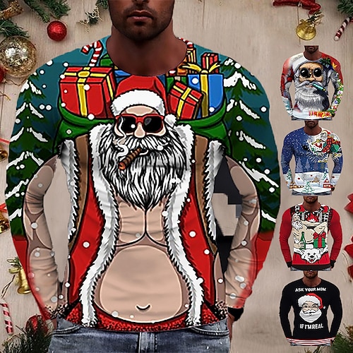 

Men's T shirt Tee Santa Claus Graphic Prints Crew Neck WhiteRed Red / White Green Black Blue 3D Print World Cup Outdoor Street Long Sleeve Print Clothing Apparel Basic Sports Designer Casual
