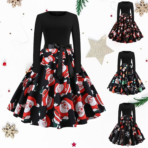 

Women's Christmas Swing Dress Vintage Dress Midi Dress Wine Red White Black Long Sleeve Santa Claus Snowflake Bow Print Winter Fall Crew Neck Vacation Vintage 2022 S M L XL XXL 3XL 4XL 5XL