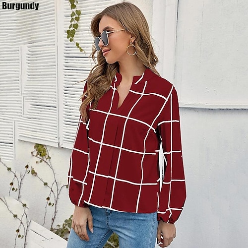 

Mujer Camisa Blusa Granate Azul Oscuro Plaid Estampado Manga Larga Casual Básico Escote en Pico Regular Manga de la linterna S