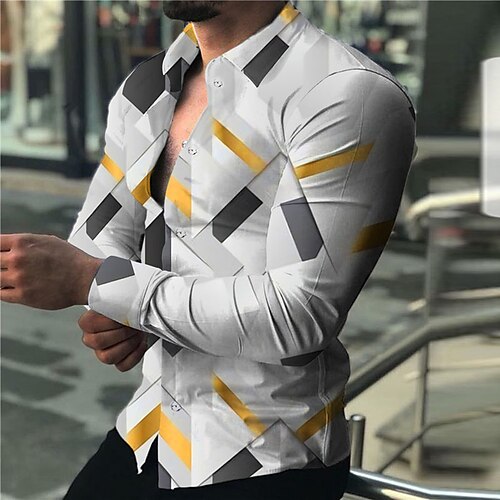 

Homens Camisa Social Abstrato Estampas Abstratas Geometria Aberto para a Lateral Azul Laranja Impressão 3D Ao ar livre Rua Manga Longa Botão para baixo Imprimir Roupa Moda Designer Casual Macia