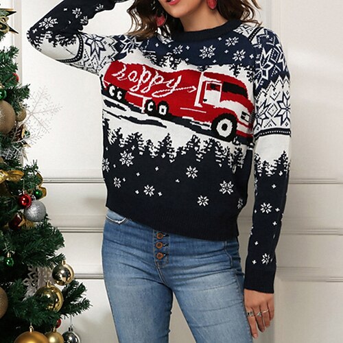 

Women's Ugly Christmas Sweater Pullover Sweater Jumper Ribbed Knit Knitted Letter Crew Neck Stylish Casual Outdoor Christmas Winter Fall Navy Blue S M L