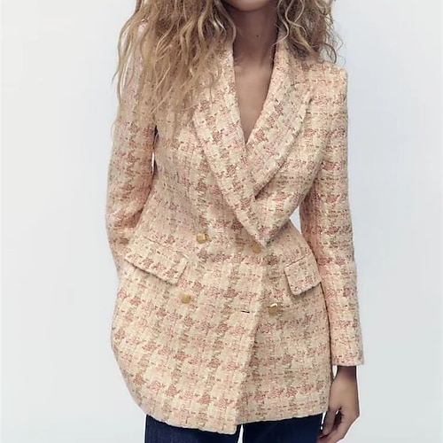 

Women's Blazer Party Pocket Houndstooth Breathable Fashion Regular Fit Outerwear Long Sleeve Winter Pink XS