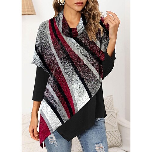 

Women's T shirt Tee Red Striped Print Long Sleeve Daily Weekend Basic Pile Neck Regular Painting S