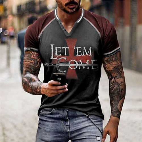 

Men's T shirt Tee Color Block Letter Graphic Prints V Neck Green Blue Red Light Sky Blue 3D Print Outdoor Street Short Sleeve Patchwork Button-Down Clothing Apparel Sports Designer Casual