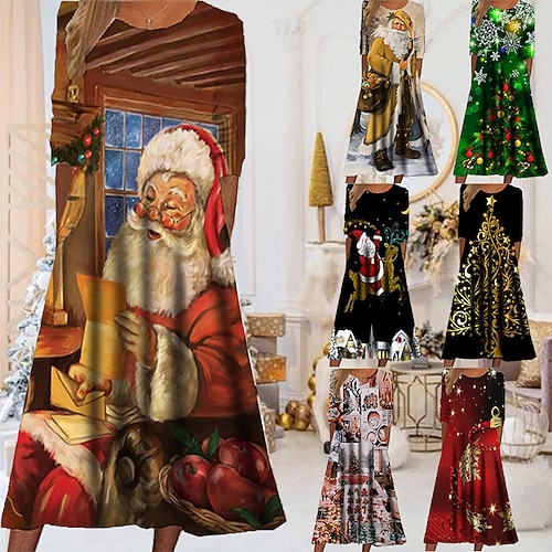 

Women's Christmas Casual Dress Swing Dress Midi Dress Pink Yellow Red Long Sleeve Santa Claus Pocket Print Fall Winter Round Neck Vacation Casual 2022 S M L XL XXL 3XL