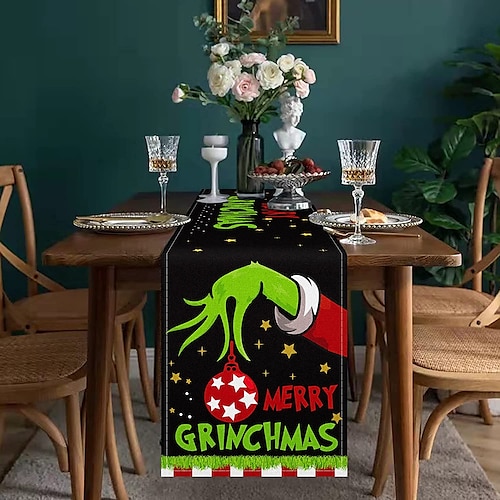 

Christmas Grinch Green Table Runner Merry Xmas,Seasonal Winter Holiday Kitchen Dining Table Decoration for Indoor Outdoor Home Party Decor