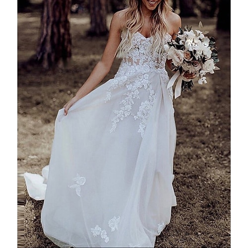 

A-Line Wedding Dresses Spaghetti Strap Chapel Train Lace Tulle Sleeveless Romantic Sexy with Appliques 2022