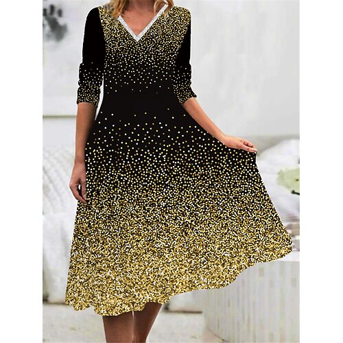 

Women's Casual Dress Swing Dress Midi Dress Gold Long Sleeve Ombre Print Winter Fall Spring V Neck Fashion Daily Weekend 2022 S M L XL 2XL 3XL 4XL 5XL 6XL